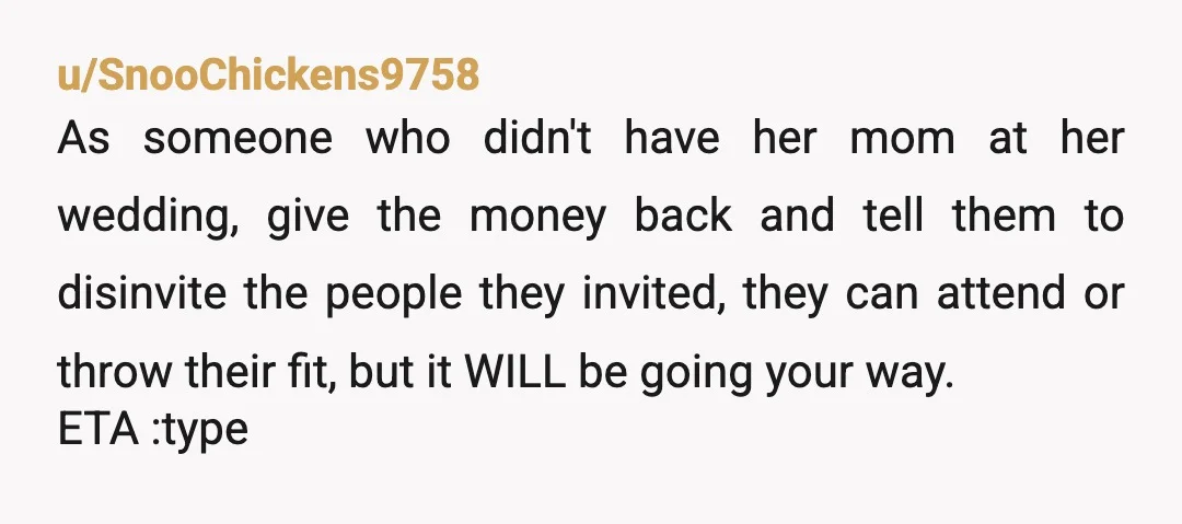 u/Fianna9 This is your husband’s problem to sort out. It’s his parents and his family. I think you guys need to put your foot down, and return the “gift” Husband...