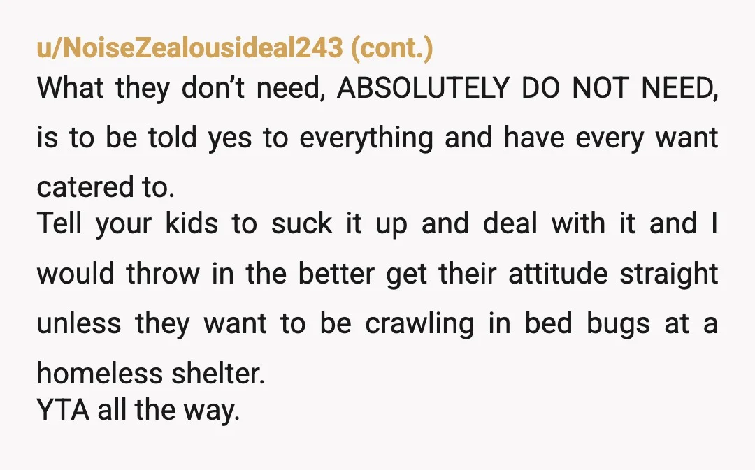 u/EJ_1004 NTA Unless your friends and family are willing to provide alternate living arrangements then they can keep their opinions to themselves. The kids are safe and their needs are...
