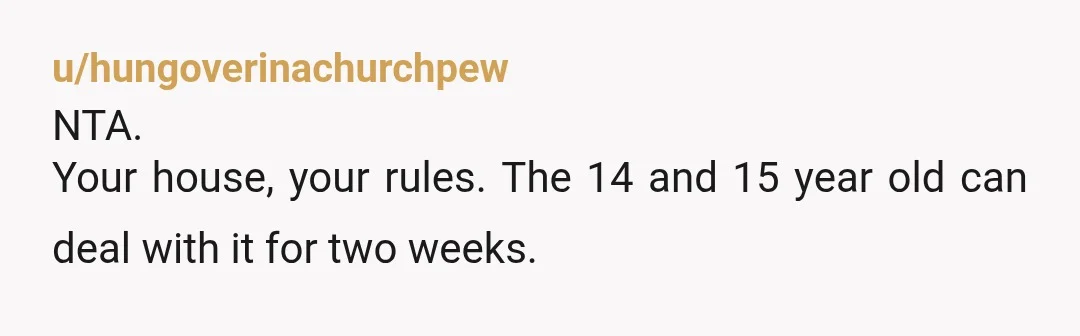 u/hungoverinachurchpew
NTA.
Your house, your rules. The 14 and 15 year old can deal with it for two weeks.