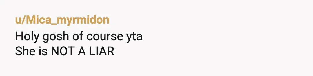 u/Mica_myrmidon
Holy gosh of course yta
She is NOT A LIAR