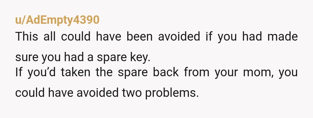 u/AdEmpty4390 This all could have been avoided if you had made sure you had a spare key. If you’d taken the spare back from your mom, you could have avoided...