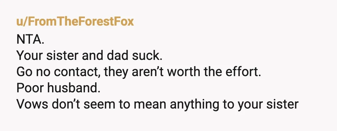 u/Aware_Impression_736
Your sister is a lowlife POS.
Make sure you shout it from the rooftops and let EVERY family member know.
