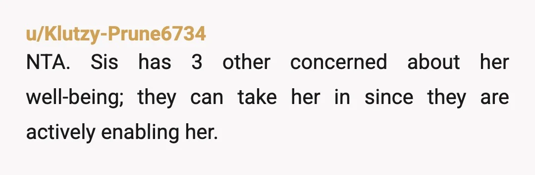 u/shine_serena NTA. you gave your sister a clear one-week boundary when she was in crisis and she immediately disrespected it by doing nothing to fix her situation. you’re not obligated...