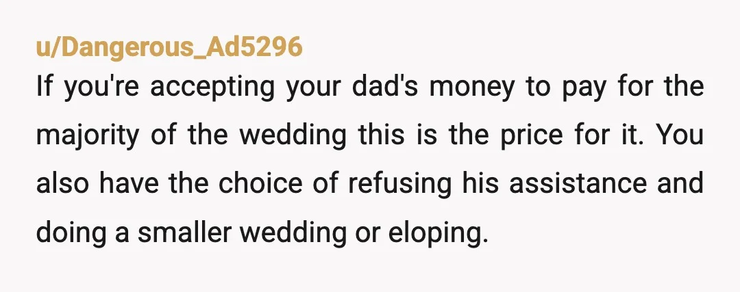 u/night_noche Unfortunately, your dad sounds gullible and irrational. Expect that if you don't give him at least some of those invitations he wants, he will likely not show up at...