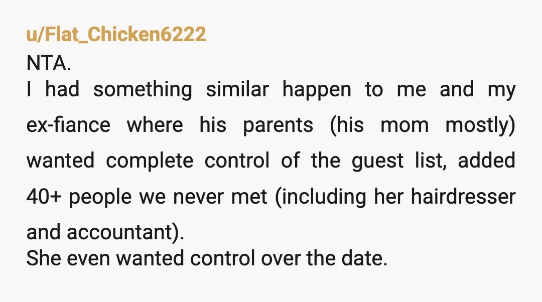 u/Mephistocheles
Stand your ground.
Their generosity does not buy them control over such an important day in your and your husband's lives.
It's not their decision, it's yours.