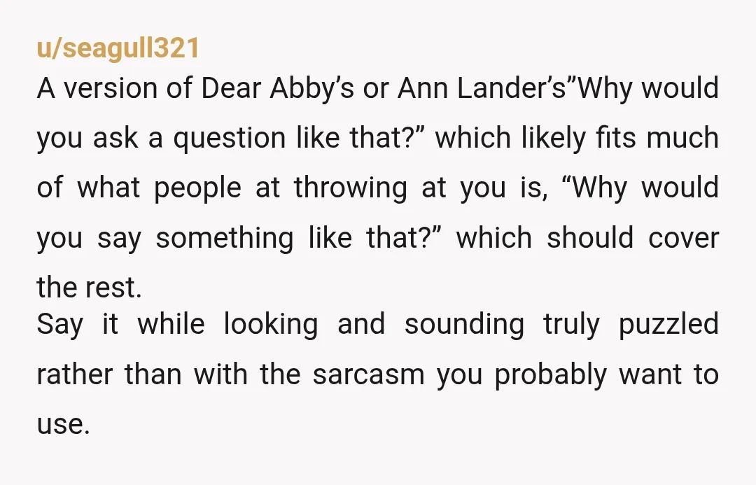 u/seagull321 A version of Dear Abby’s or Ann Lander’s”Why would you ask a question like that?” which likely fits much of what people at throwing at you is, “Why would...