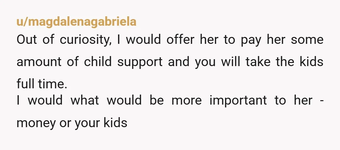 u/indiana-floridian I'd be making a listcof these requests, with date on each one, and giving it to a lawyer. Your kids would be better off with you. At least 50/50...