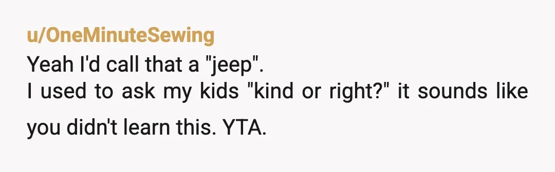 u/OneMinuteSewing
Yeah I'd call that a "jeep".
I used to ask my kids "kind or right?" it sounds like you didn't learn this. YTA.
