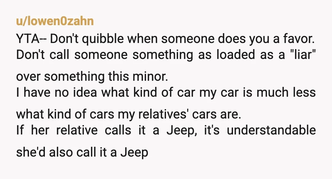 u/lowen0zahn YTA-- Don't quibble when someone does you a favor. Don't call someone something as loaded as a "liar" over something this minor. I have no idea what kind of...