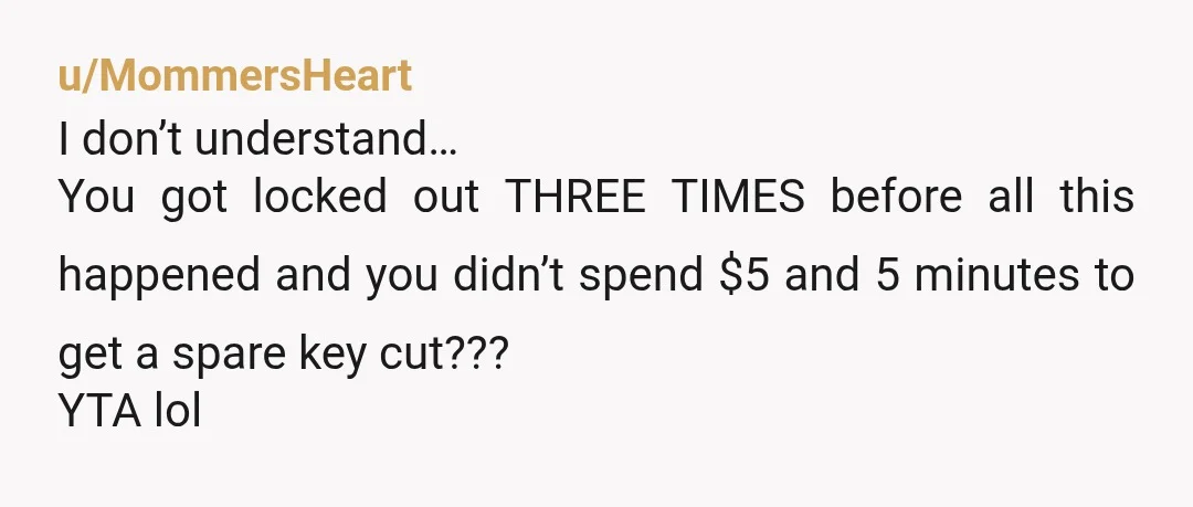 u/MommersHeart
I don’t understand…
You got locked out THREE TIMES before all this happened and you didn’t spend $5 and 5 minutes to get a spare key cut???
YTA lol