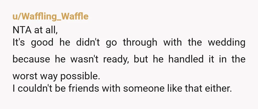 u/Waffling_Waffle NTA at all, It's good he didn't go through with the wedding because he wasn't ready, but he handled it in the worst way possible. I couldn't be friends...