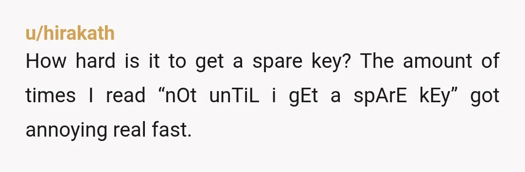 u/hirakath
How hard is it to get a spare key? The amount of times I read “nOt unTiL i gEt a spArE kEy” got annoying real fast.