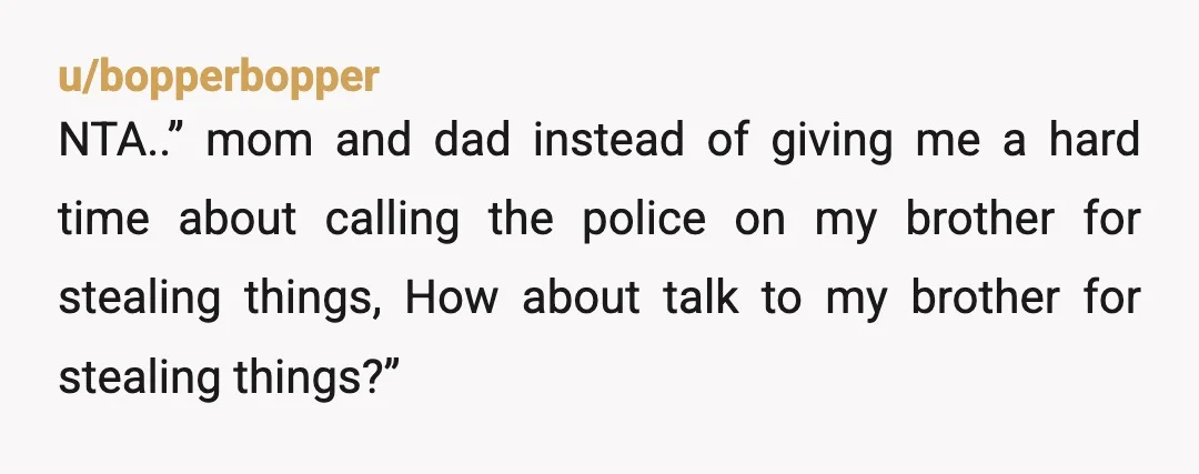 u/bopperbopper NTA..” mom and dad instead of giving me a hard time about calling the police on my brother for stealing things, How about talk to my brother for stealing...