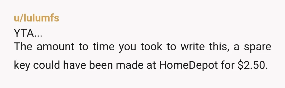 u/lulumfs
YTA...
The amount to time you took to write this, a spare key could have been made at HomeDepot for $2.50.