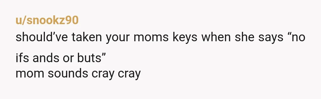 u/snookz90
should’ve taken your moms keys when she says “no ifs ands or buts”
mom sounds cray cray