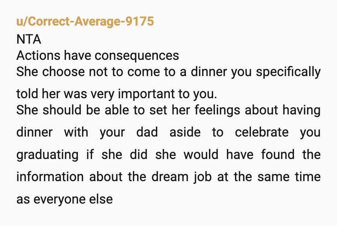 u/LoriRespiratory NTA For your mom to blatantly refuse to attend your celebration effectively placed her on an information diet! She disregarded your feelings for her own comfort, and now is...