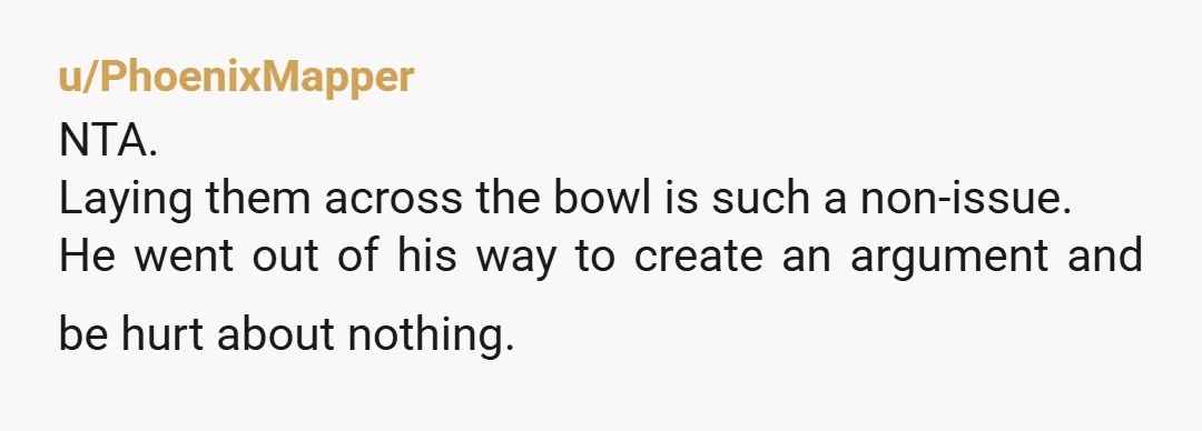 u/PhoenixMapper
NTA.
Laying them across the bowl is such a non-issue.
He went out of his way to create an argument and be hurt about nothing.