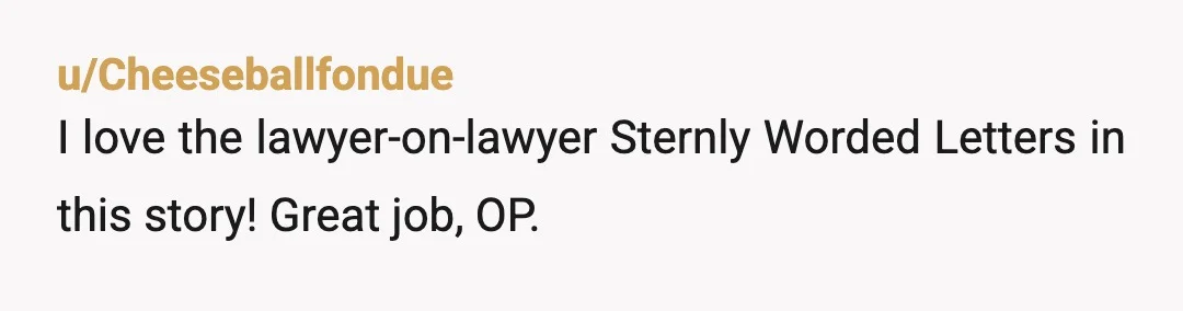 u/Cheeseballfondue
I love the lawyer-on-lawyer Sternly Worded Letters in this story! Great job, OP.