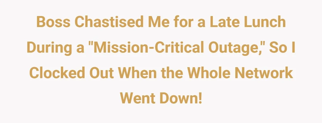 Boss chastised me for a late lunch during a "mission critical outage", so I clocked out when the whole network went down!
